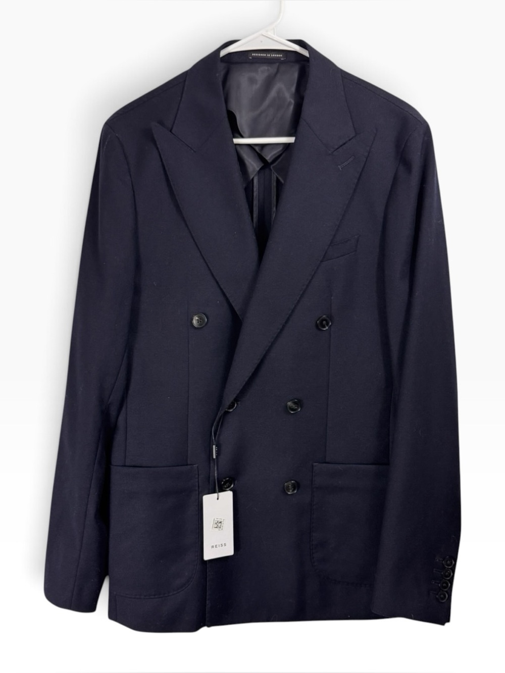 NWT Reiss Size 38 Nether Flannel Navy Blue Double Breasted Wool Blazer Jacket